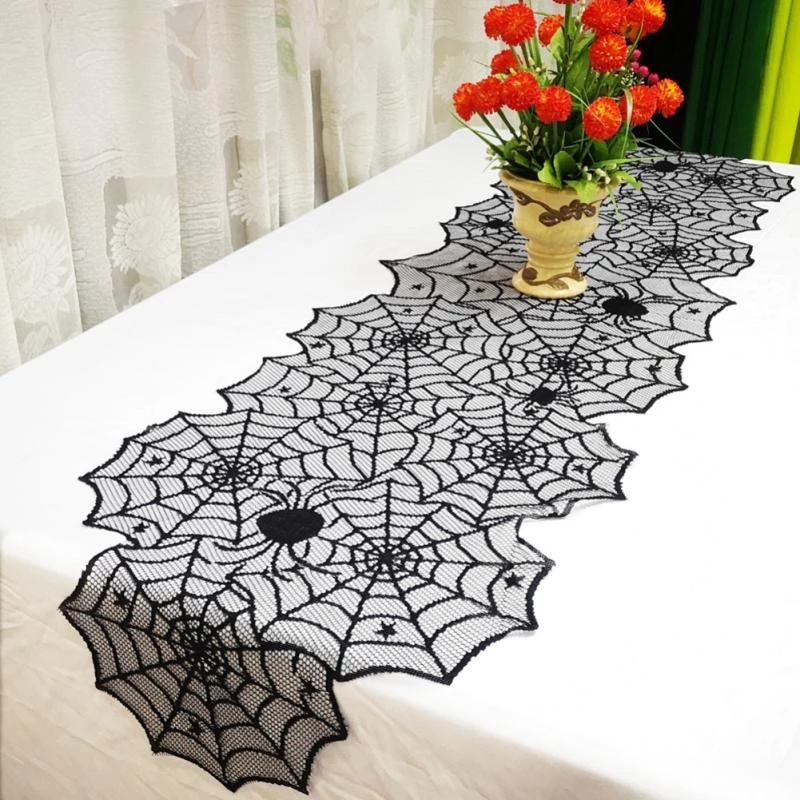 Khăn Trải Bàn Trang Trí Halloween Hình Bộ Xương Nhện Phối Ren