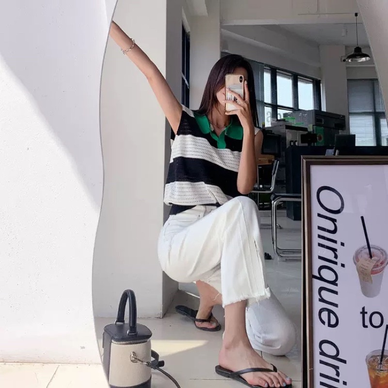 áo len lưới dệt kim độn vai kiểu cổ đức sọc kẻ