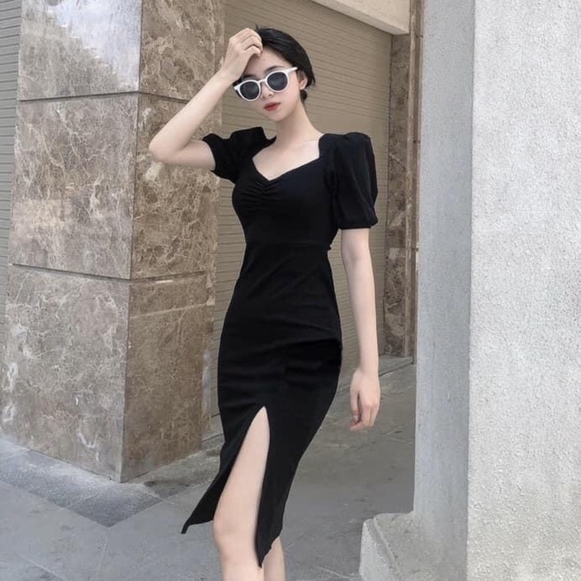 Váy xẻ hông cổ u nhún ngực