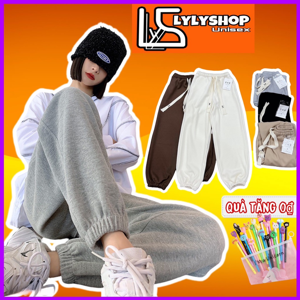 Quần nỉ trơn basic Lylyshop Unisex, kiểu quần jogger bo gấu chất vải nỉ dày dặn freesize dài 95cm