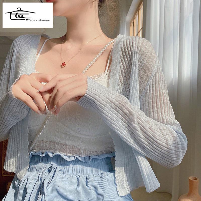 Áo Khoác Cardigan Tay Dài Cổ Chữ V Chất Lụa Mát Mẻ Thời Trang Mùa Hè Cho Nữ