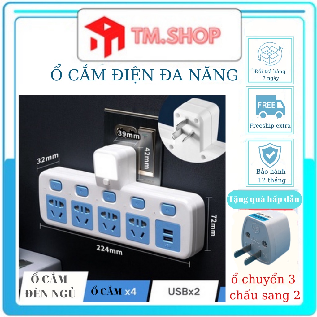 Ổ cắm điện đèn ngủ có cổng USB nhiều lỗ cắm đa năng thông minh tích hợp đèn ngủ, tải 2500W