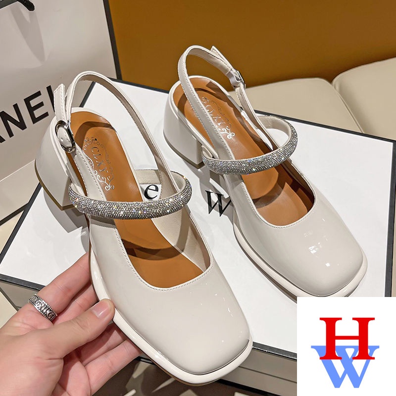 Giày Sandal Gót Dày Mũi Vuông Đính Đá Thời Trang Xuân Hè Cho Nữ