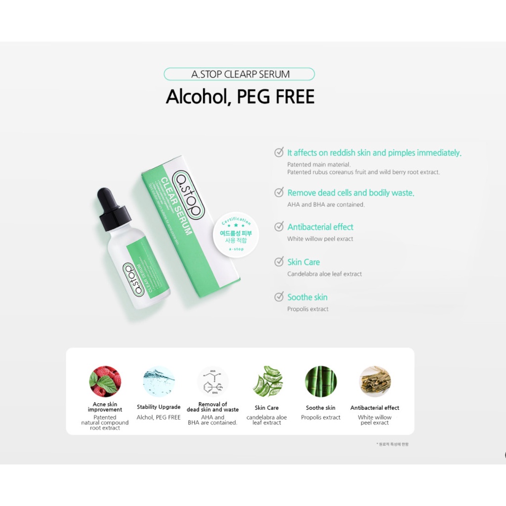(DATE 10/23) [Tinh chất da mụn chứa BHA + AHA] Huyết thanh thay đổi làn da mụn trong 5 ngày A.Stop Clear Serum (Hàn)