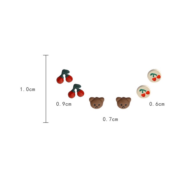 Bộ 6 Bông Tai Mạ Bạc 925 Hình Gấu Cherry Dễ Thương