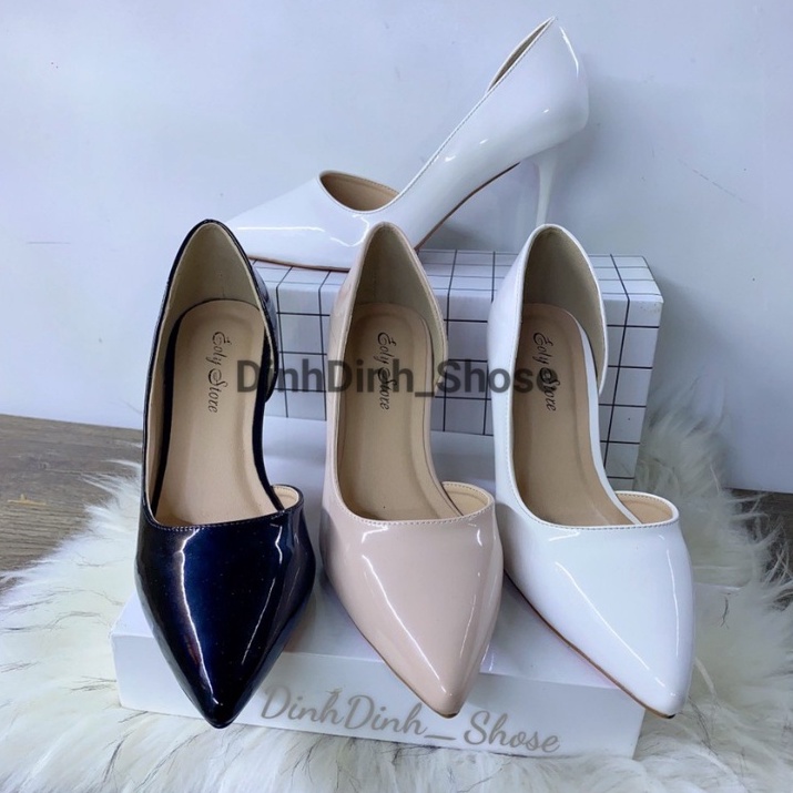 Giày cao gót nữ hở eo, bít mũi đế Pháp đỏ gót nhọn cao 7cm và 9cm chất da bóng thời trang   - DinhDinh Store