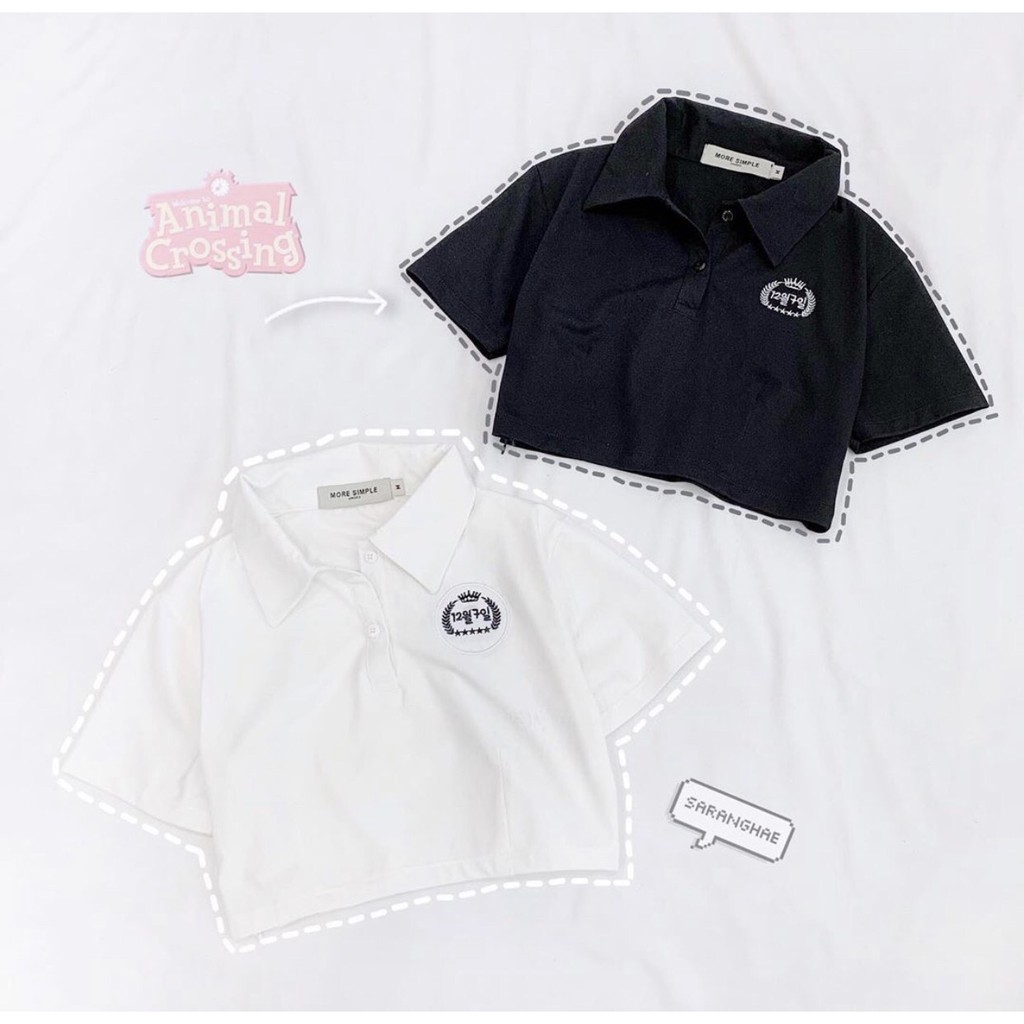 áo kiểu polo croptop thêu chữ hàn xinh hot hit xinh xắn pc