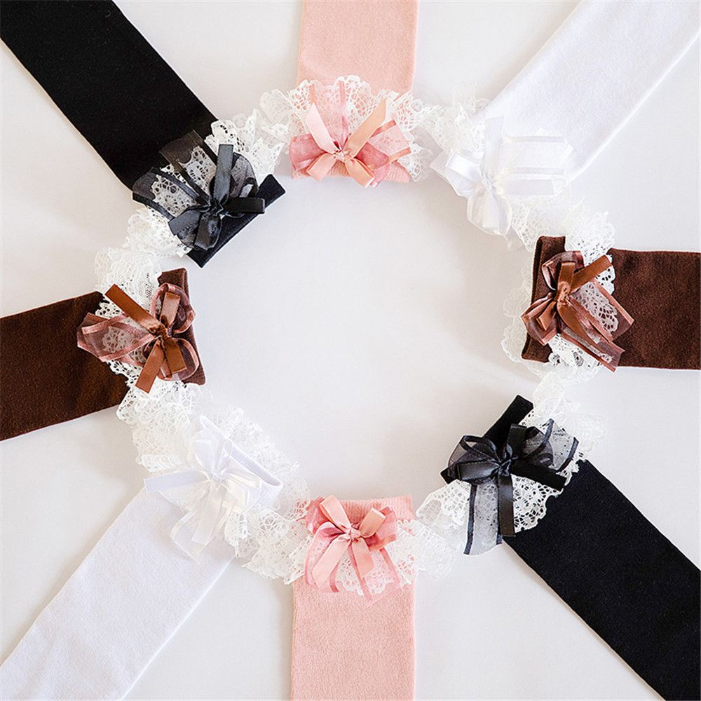 Vớ cotton cao đến đầu gối phối ren bèo Lolita dễ thương cosplay người hầu gái