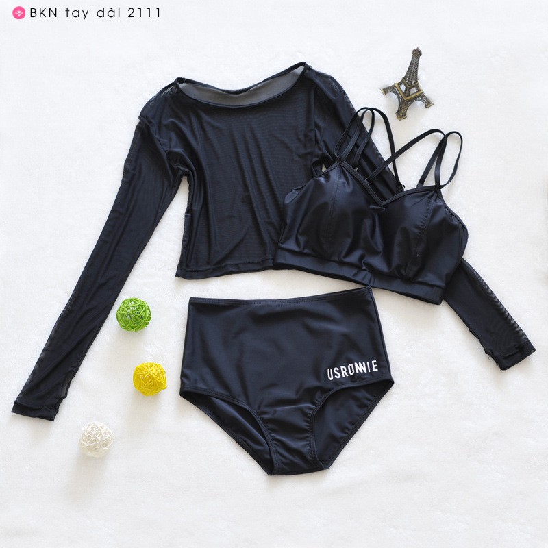 Bikini 3 mảnh dài tay 💝[FREESHIP - SẴN HÀNG]💝 Bộ bơi nữ áo lưới tay dài quần cạp cap sang chảnh | BigBuy360 - bigbuy360.vn