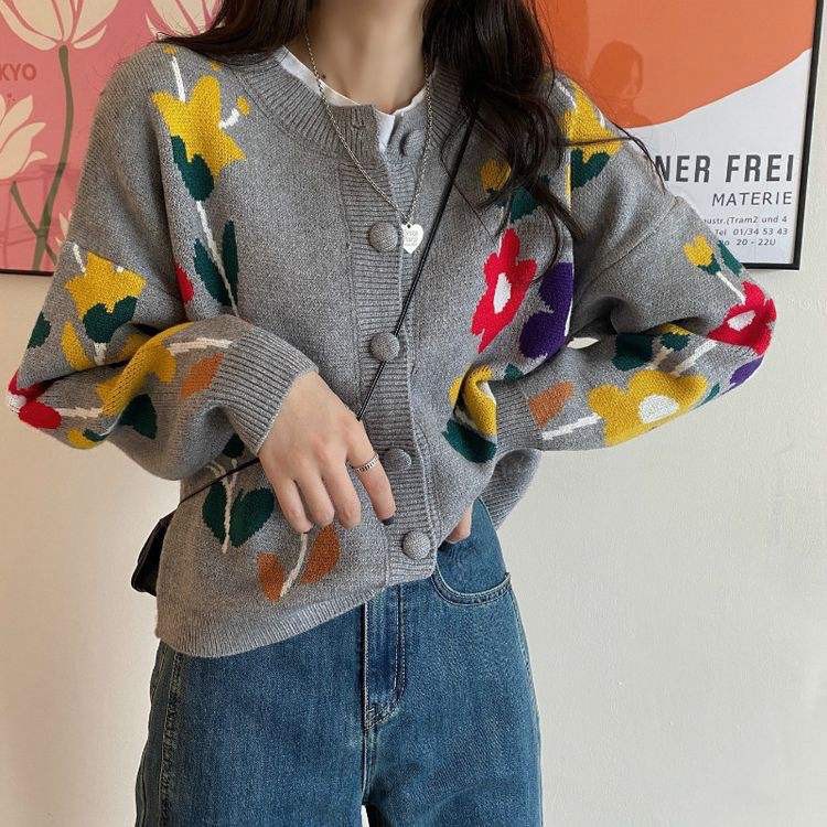 Áo khoác len cardigan họa tiết hoa phong cách Hàn Quốc ulzzang