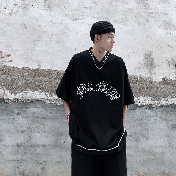 [F &amp; X] Áo Thun Bóng Chày Tay Ngắn Cổ Chữ V Dáng Rộng vintage Bằng Cotton Nguyên Chất Dành Cho Nam Nữ