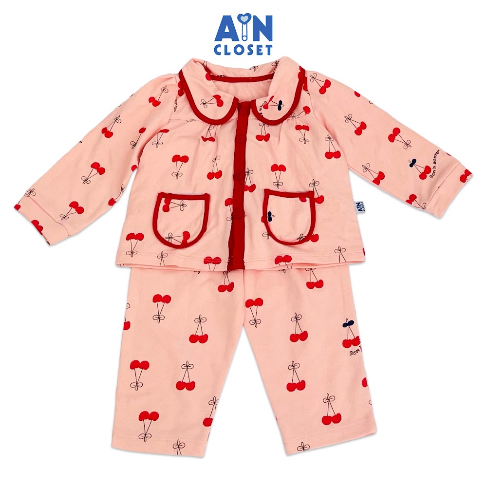 Bộ quần áo dài bé gái họa tiết Cherry đỏ nền hồng thun da cá - AICDBGK55GDE - AIN Closet