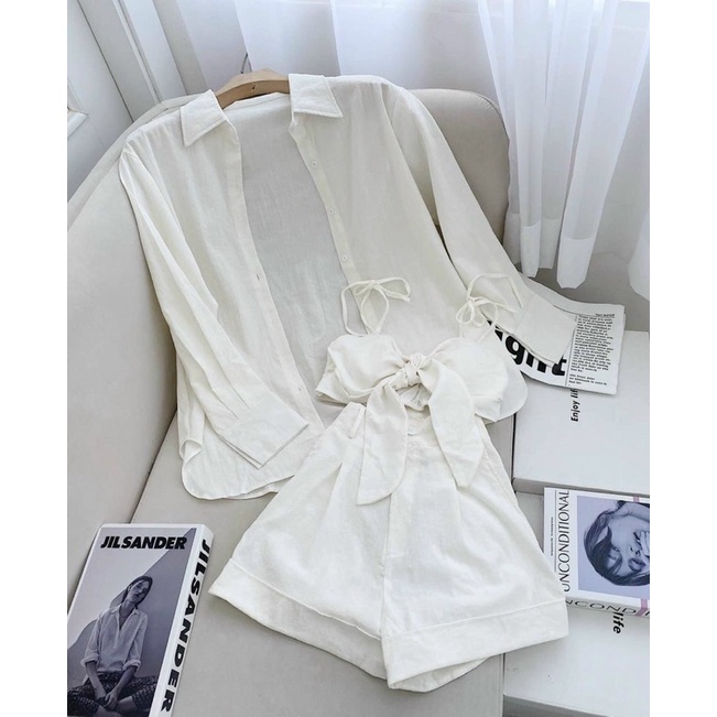 Set quần short kèm áo khoắc ngoài đi biển màu vàng trắng