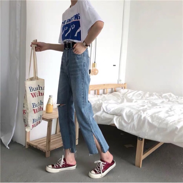 Quần jeans ống rộng rách gối - Cắt gấu OR3305