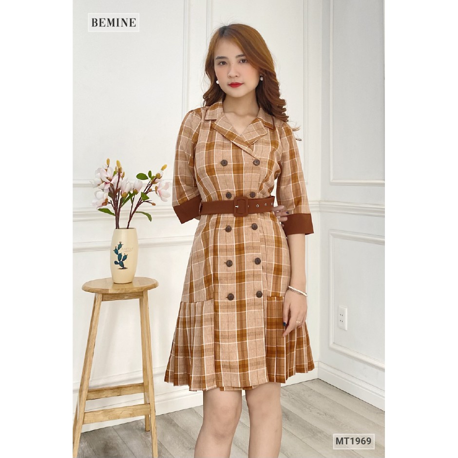 Đầm caro cổ vest đuôi cá BEMINE MT1969NAU | BigBuy360 - bigbuy360.vn
