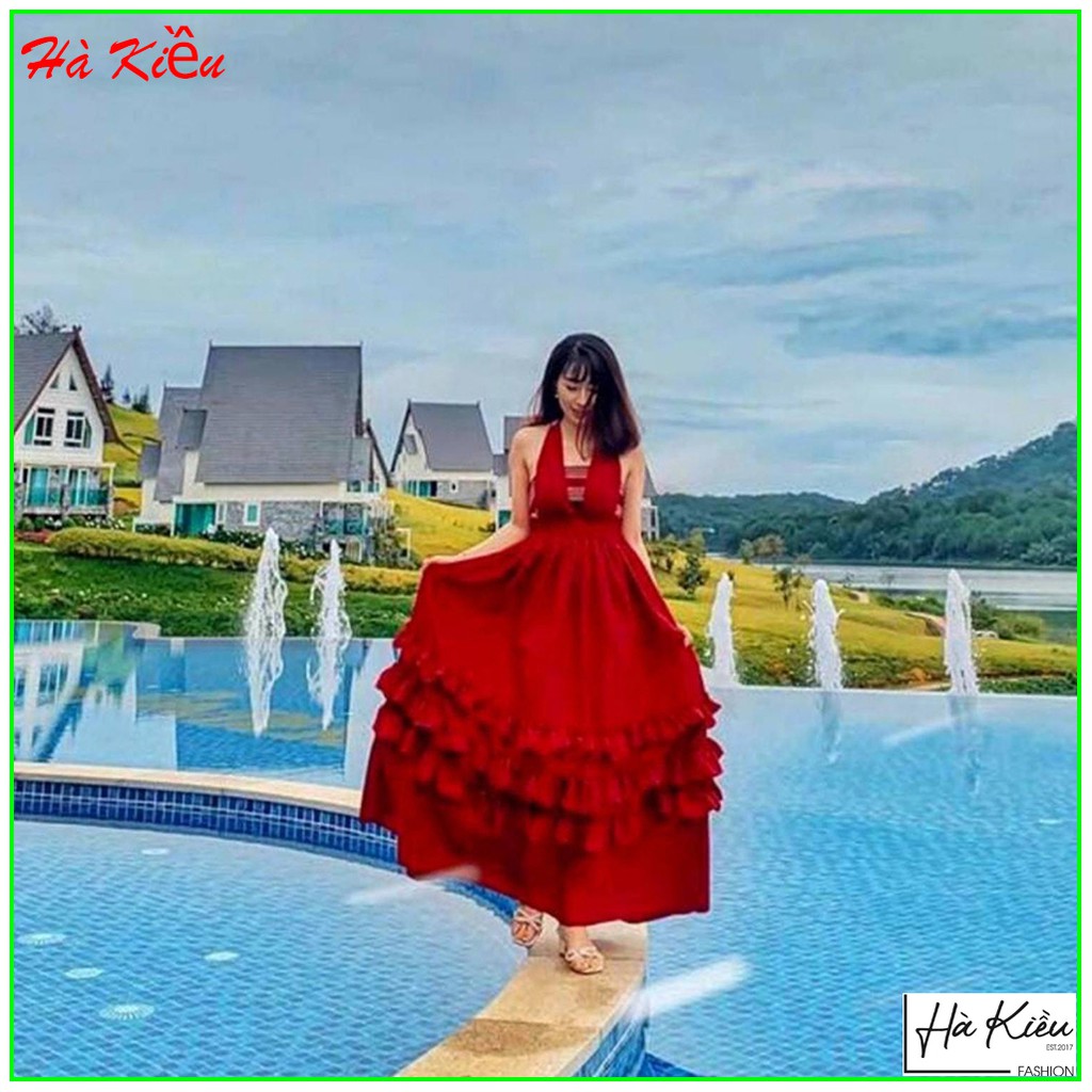 Đầm maxi đi biển dã ngoại nhíu tầng hở lưng sống ảo xinh đẹp