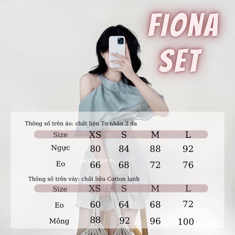 Set áo trễ vai màu xanh ghi pastel váy xếp ly tonichoppi