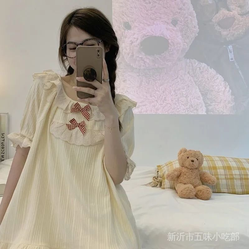 Bộ Đồ Ngủ Tay Ngắn Phối Ren Phong Cách Nhật Bản Dễ Thương Thời Trang Mùa Hè Cho Nữ