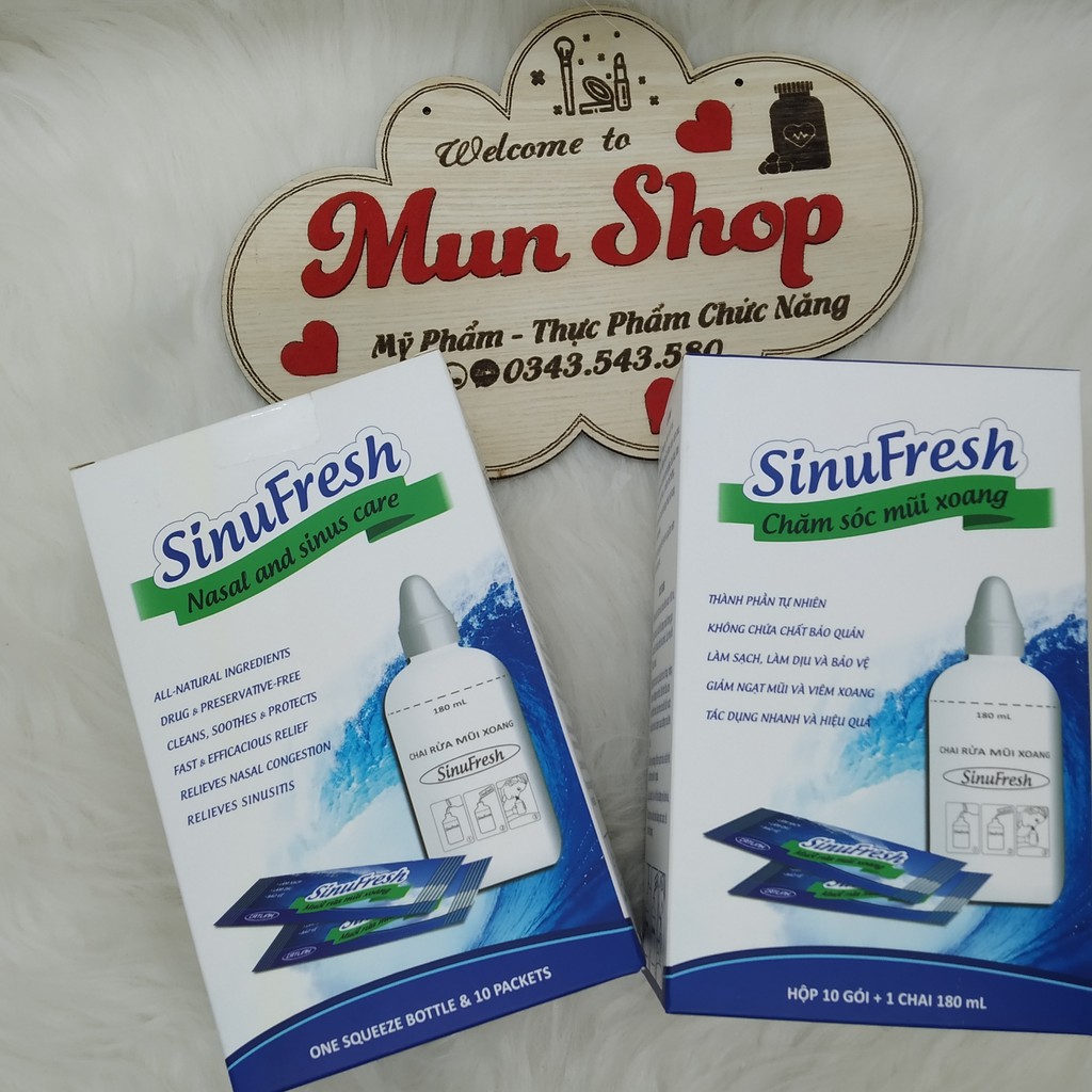 [CHÍNH HÃNG] SinuFresh - Muối Rửa Mũi Xoang Hộp 10 gói + 1 Chai rửa mũi 180 mL