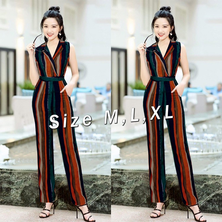 Jumpsuit dài sọc ống suông cổ vest cột dây xinh xắn J1029