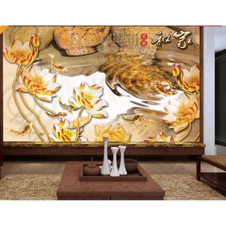Tranh dán tường Ao sen vàng phú quí, tranh dán tường 3d hiện đại (tích hợp sẵn keo) MS634476