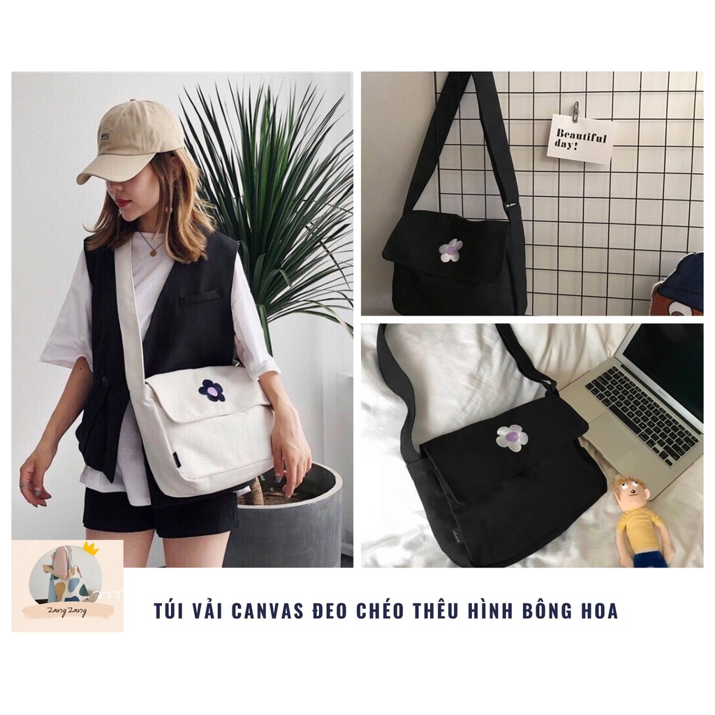 Túi Vải Canvas Đeo Chéo Thêu Hình Bông Hoa