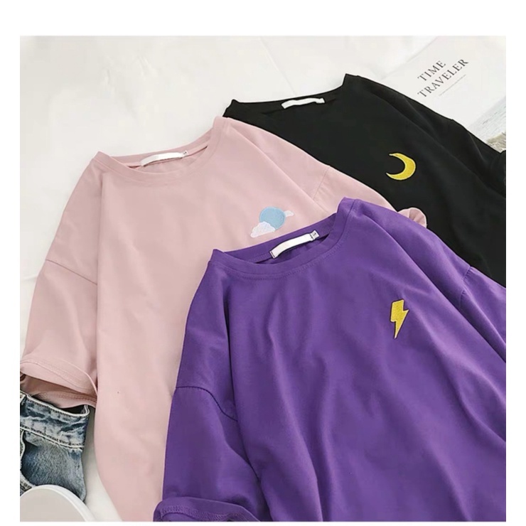 Áo Thun Tay Ngắn Cổ Tròn Thêu Hình Mặt Trăng / Mặt Trời / Đám Mây Phong Cách Harajuku Thời Trang Mùa Hè Cho Nam Và Nữ