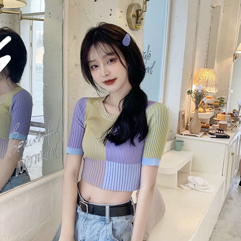 Áo Thun Tay Ngắn Họa Tiết Kẻ Sọc Cầu Vồng Phong Cách Hàn Quốc Thời Trang Mới 2022 Dành Cho Bạn Nữ