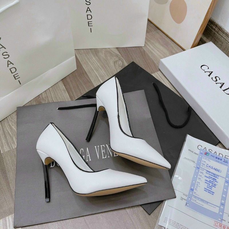 tuv Giày Cao Gót Trắng 10p Viền Đen Casadei Da Mềm Êm Fullbox Bill Túi Cao Cấp