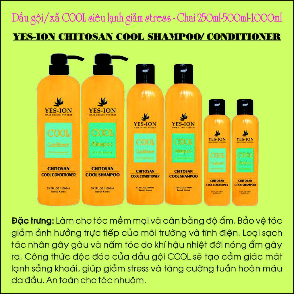 DẦU GỘI/XẢ YESION COOL SIÊU LẠNH GIẢM STRESS CHITOSAN COOL SHAMPOO 1000ML