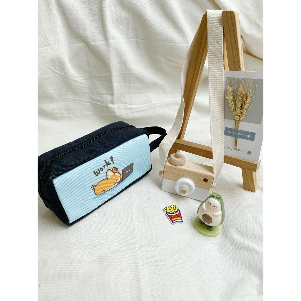 Bóp Viết Vải Canvas Chó Corgi I Work