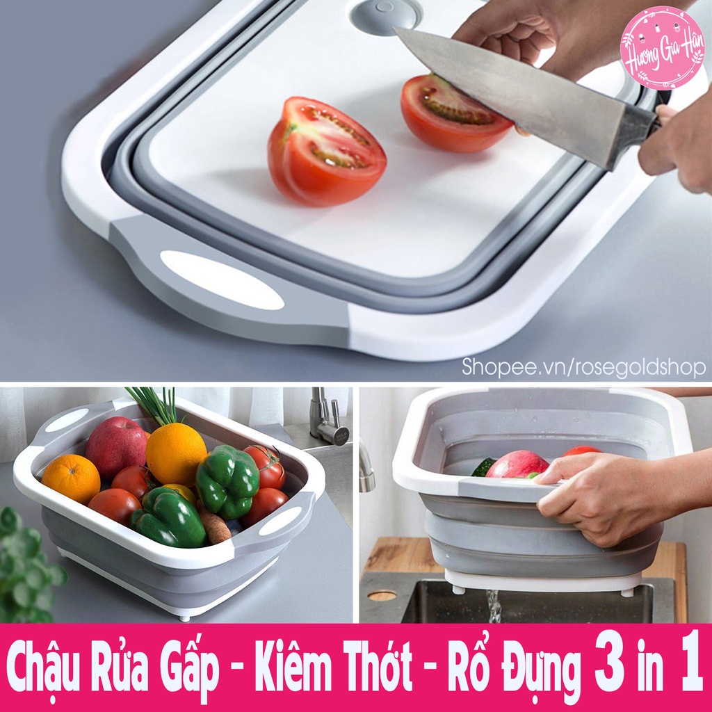 Bộ Thớt Kèm Chậu Gấp Gọn &amp; Rổ Đựng Rau, Hoa Quả 3 Trong 1, Giúp Nhà Bếp Bạn Gọn Gàng Hơn