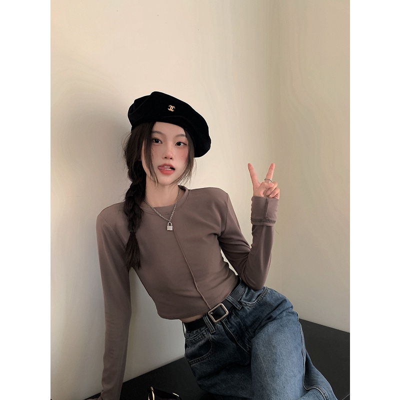 Áo Thun Tay Dài Cổ Tròn Form Ôm Dễ Phối Đồ Thời Trang Hàn Quốc