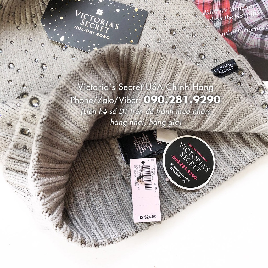 (54) Mũ len xám đính hạt cá tính sành điệu, phong cách Mỹ - Hàng nhập Victoria's Secret USA