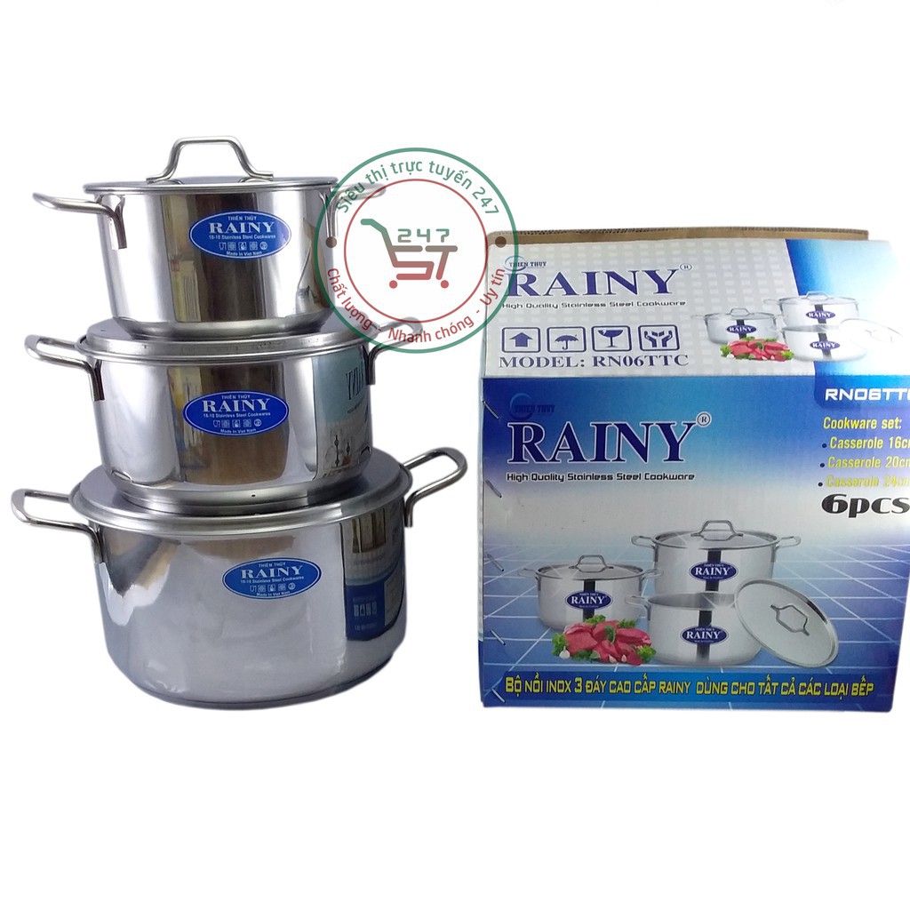 Bộ nồi inox 3 cái 3 đáy nắp inox Rainy RN06DN bền đẹp sáng bóng