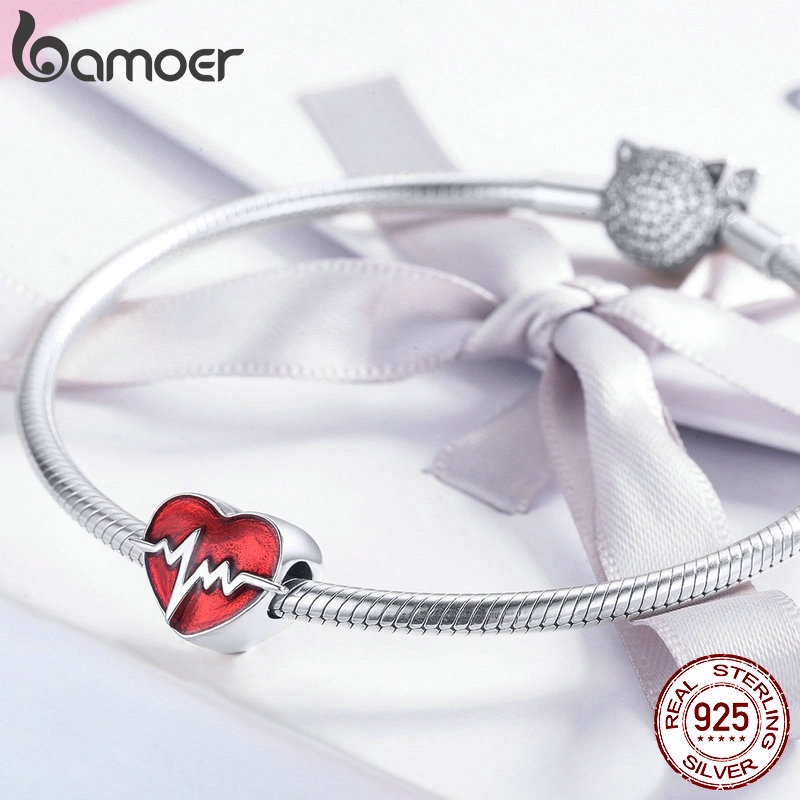 Hạt trang sức Bamoer SCC1151 bạc 925 hình trái tim màu đỏ làm trang sức dễ thương