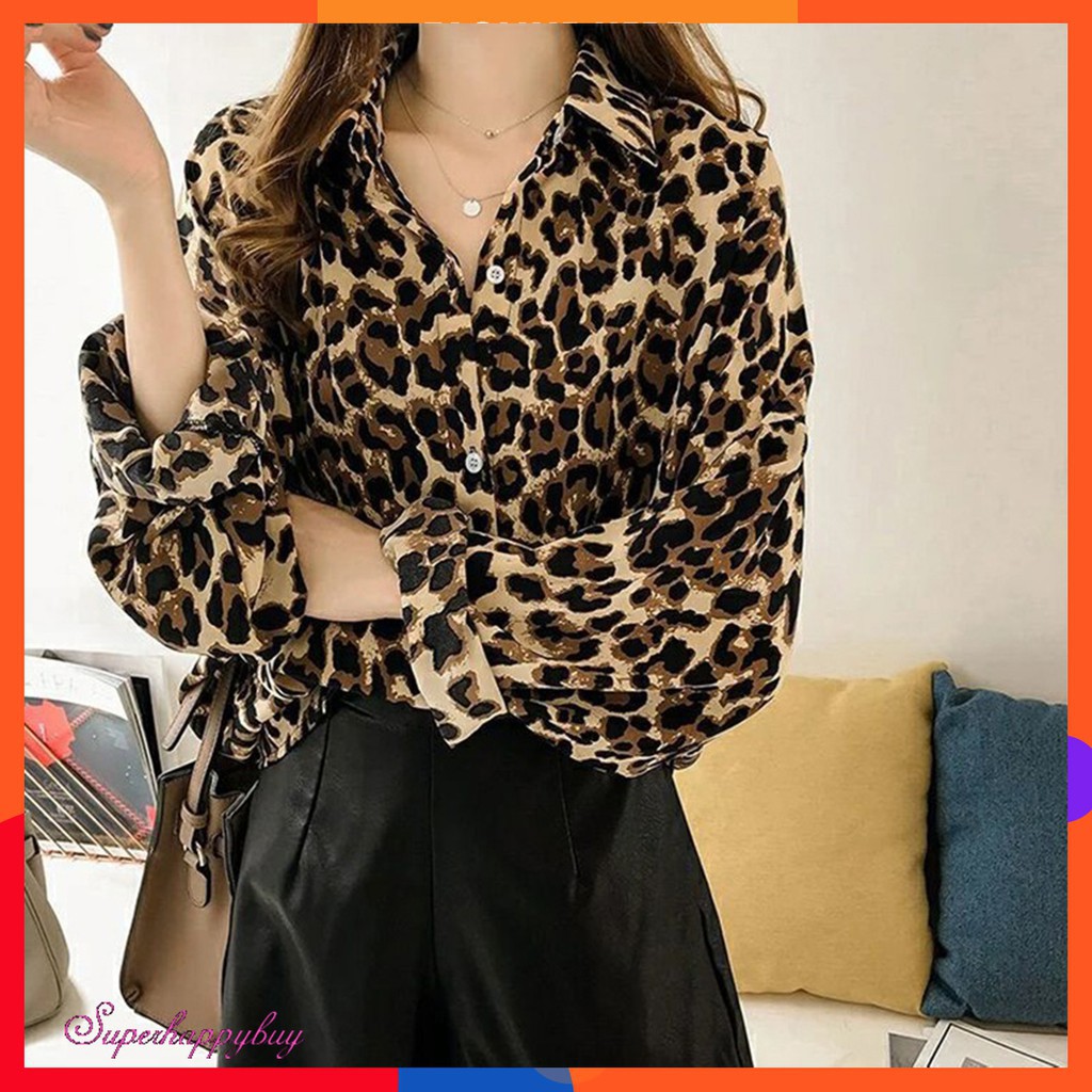 Áo sơ mi tay dài họa tiết da báo thời trang cho nữ