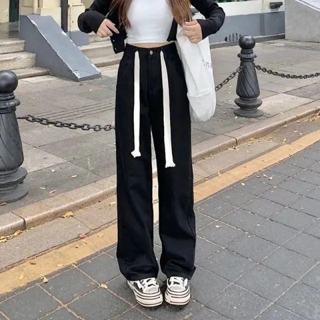 Quần jean lưng cao ống rộng thiết kế dây rút thời trang thu đông hàng mới dành cho nữ