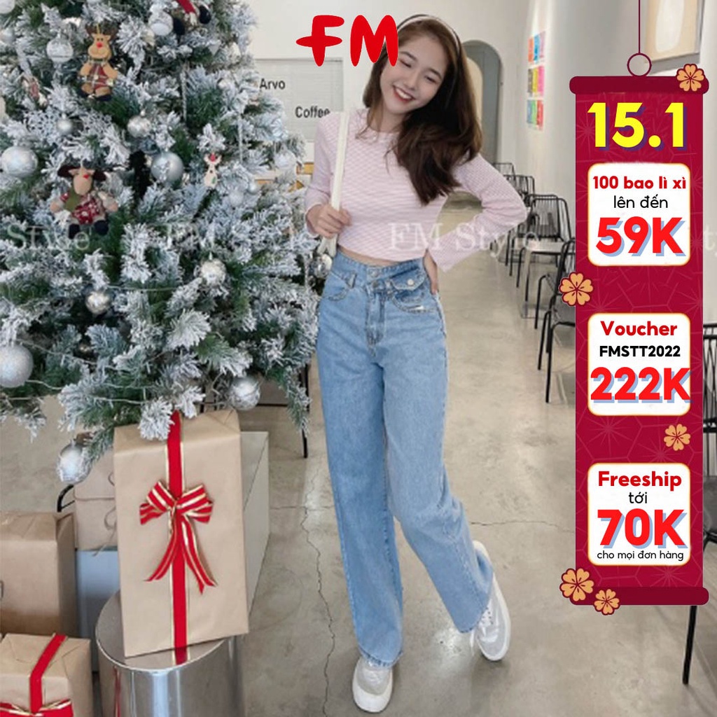 Quần jean ống suông nữ FM Style lưng cao, lệch lai chuẩn form, phù hợp đi chơi, công sở 9856