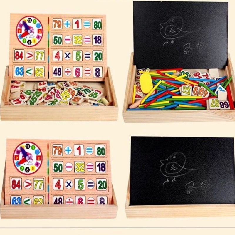 Đồ chơi giáo dục hộp học tập toán học gồm các số, que tính, kèm đồng hồ và bảng viết cho bé (BBTOYS: 62)