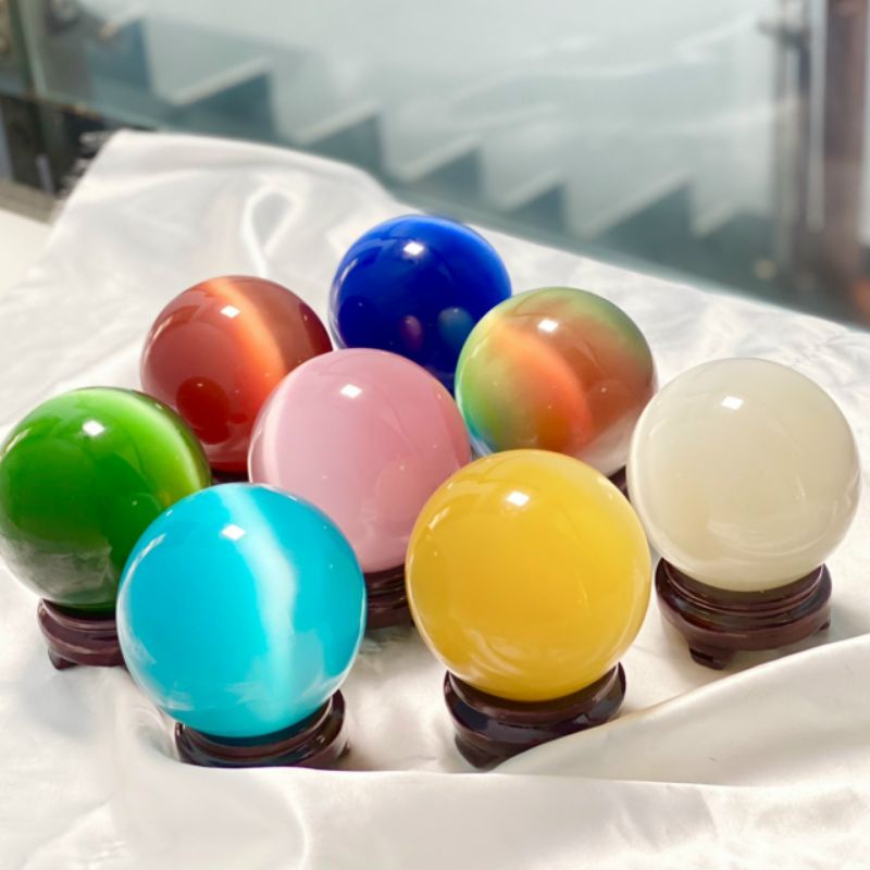 Quả Cầu Đá Để Bàn Làm Việc Đá Mắt Mèo Size 8Cm