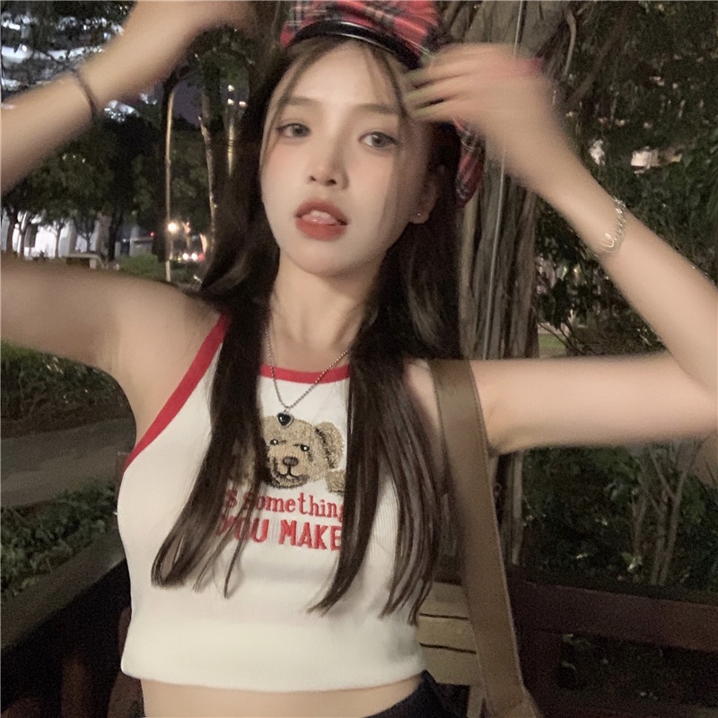 Áo dệt kim ZHELIHANGFEI hai dây siêu ngắn thêu hình gấu quyến rũ cho nữ