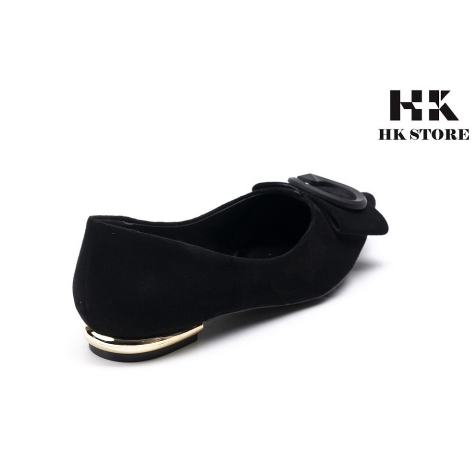 Giày bệt nữ mũi nhọn ❤️ HK.STORE ❤️ da lộn đủ màu gót trụ đính kim loại viền siêu xinh, hàng cao cấp 2021.