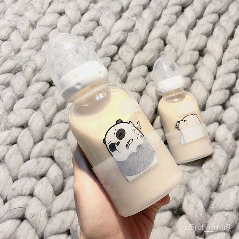 Bình Sữa Em Bé Gấu Trắng Trẻ Em Chai Thủy Tinh Trẻ Sơ Sinh Gấu Trúc Bảo Vệ Bé Silicone Rơm Chống Đầy Hơi Cho Bé Cup