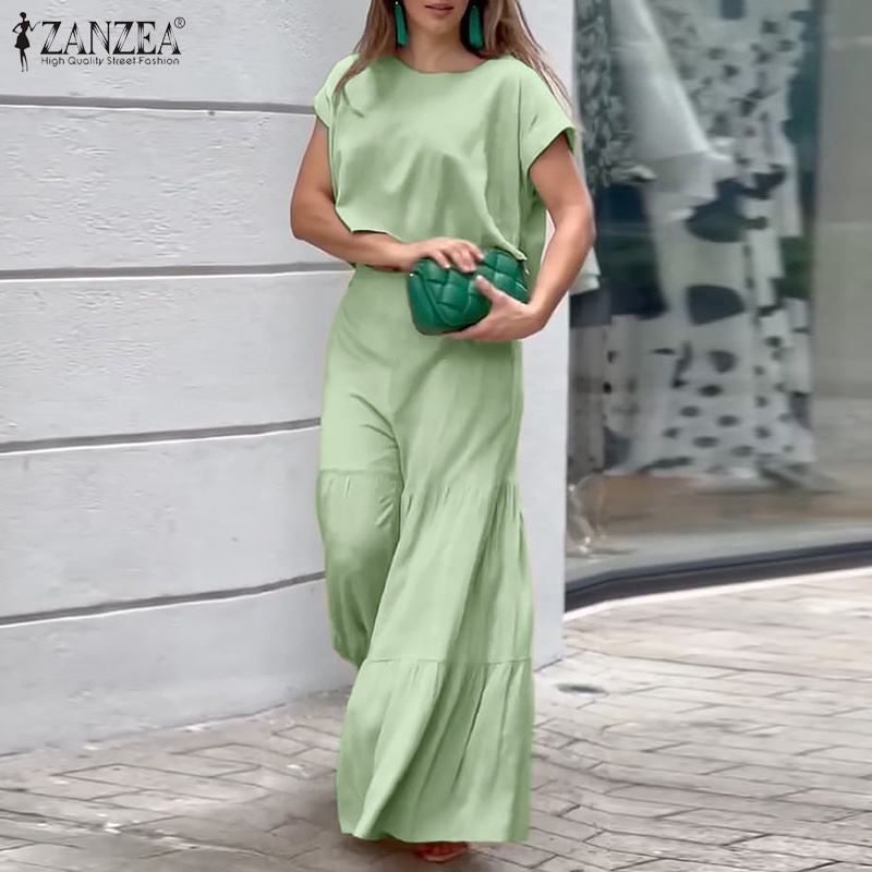 Set đồ 2 món ZANZEA gồm áo thun tay ngắn cổ tròn dáng rộng + quần lưng thun ống rộng cho nữ