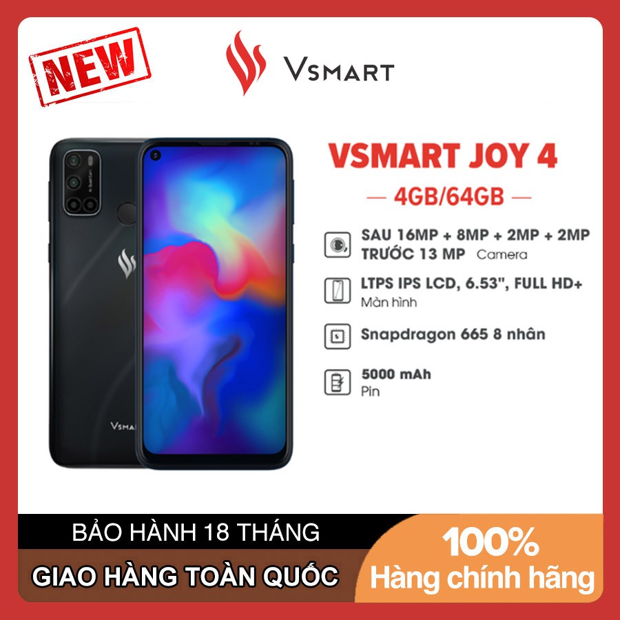 Điện thoại Vsmart Joy4 (4GB+64GB) Đen Cẩm Thạch - Bảo Hành 18 Tháng (Hàng Mới Nguyên Seal)
