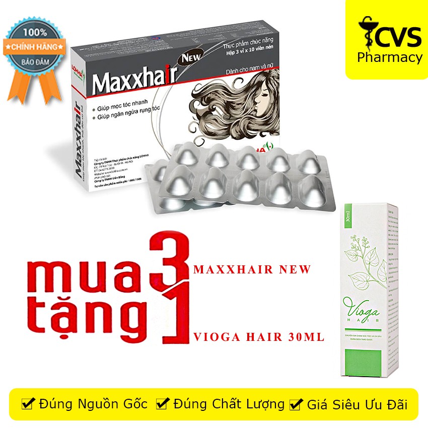 Mua 3 Hộp Maxxhair New tặng ngay 1 Chai xịt Vioga Hair 30ml - Ngăn Rụng Tóc, Tóc Bóng Mượt - cvspharmacy