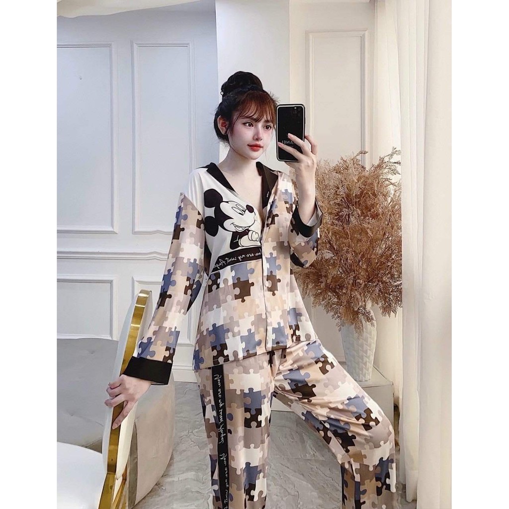 Bộ Pijama dài tay thiết Kế 𝘾𝘼𝙊 𝘾𝘼̂́𝙋- Bộ Đồ Lụa Latin Họa Tiết MicKey Sang Chảnh, Siêu Mịn.