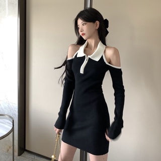 Đầm ôm body nữ tay dài hở lưng cổ bẻ hở vai phối khóa kéo viền màu trắng beveda