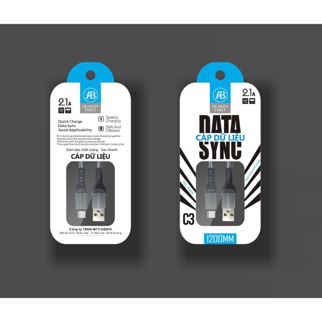 Cáp sạc nhanh Type-C chuẩn 2.1A dài 1,2m mã C3 hàng chính hãng ABBig